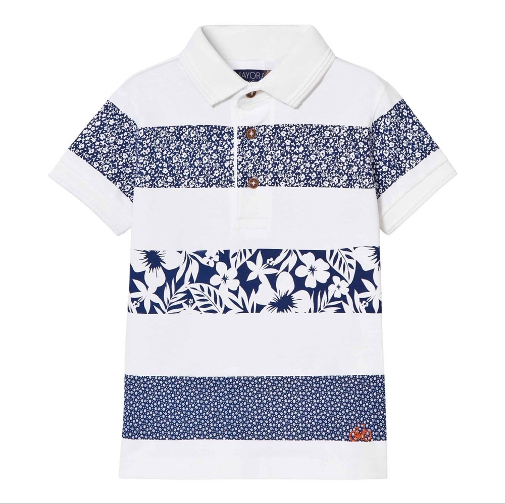NWT! Mayoral Boys White/Blue Floral Stripe Polo Tee, Size 2 (92cm)